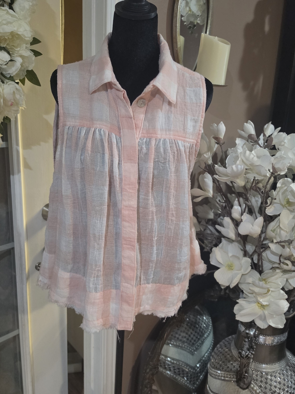 Free People Pink & White Plaid Sleeveless Button-Down Top